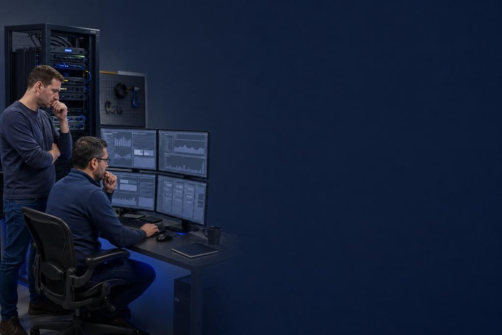 Illustratieve Windows- en webspecialisten met klantenservice die IIS, API, database en volledige klantactie onderzoeken