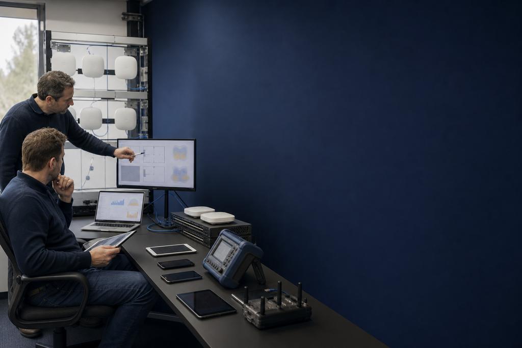 Illustratieve wireless engineers die zakelijke WiFi voor Teams, VoIP, video, roaming en netwerkprioriteit ontwerpen