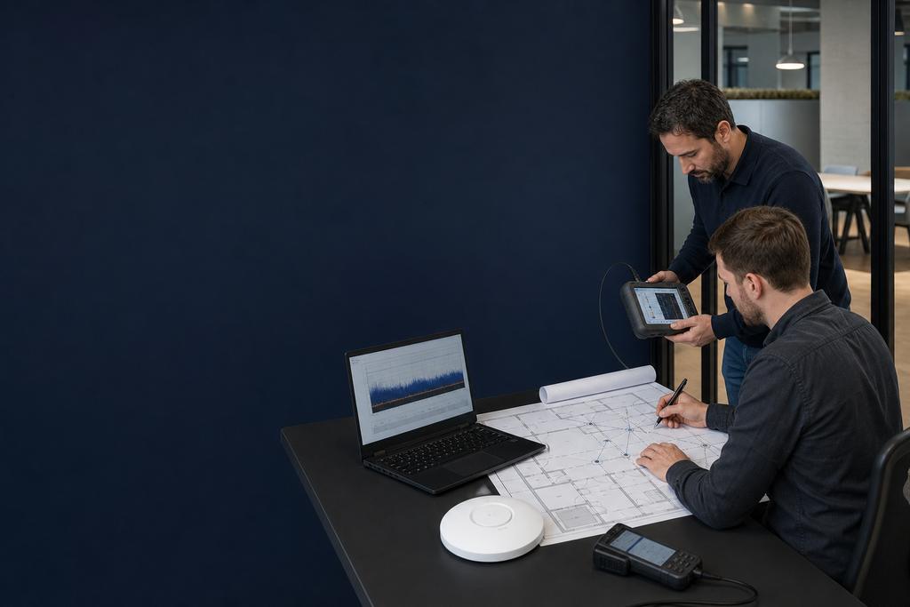 Illustratieve WiFi-specialisten die met vloerplan, RF-meting, kabelroutes en accesspointposities een zakelijk netwerk ontwerpen