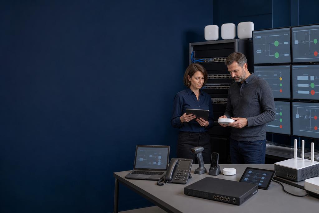 Illustratieve wireless- en securityengineers die medewerkers, gasten, apparaten en firewallzones voor zakelijke WiFi ontwerpen