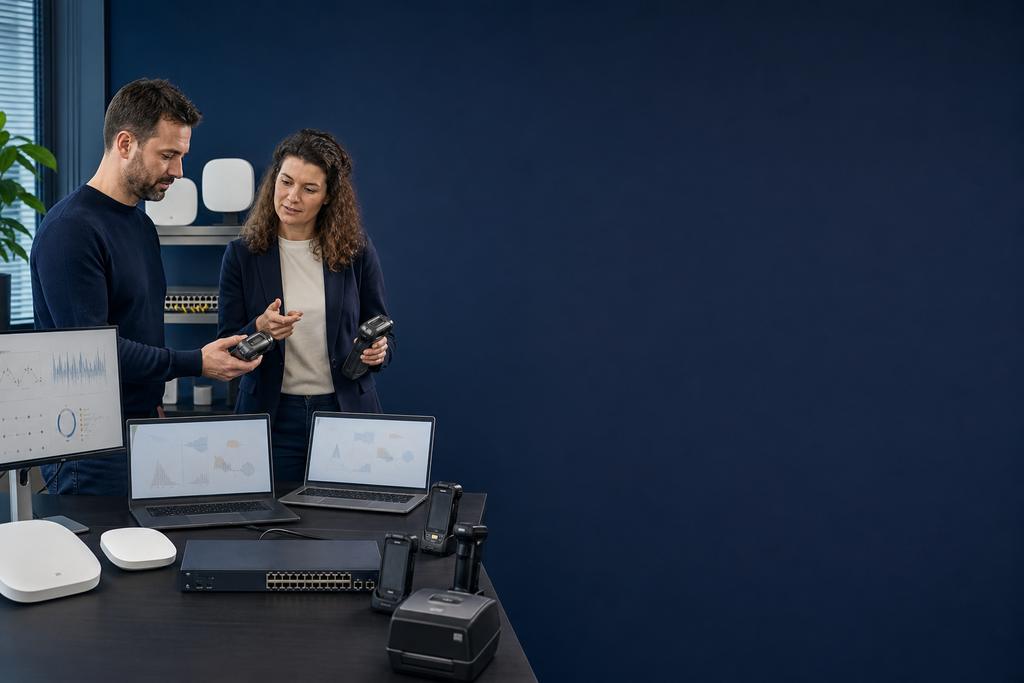 Illustratieve WiFi-specialisten die scanners, printers, accesspoints en roamingroutes voor kantoor en magazijn ontwerpen