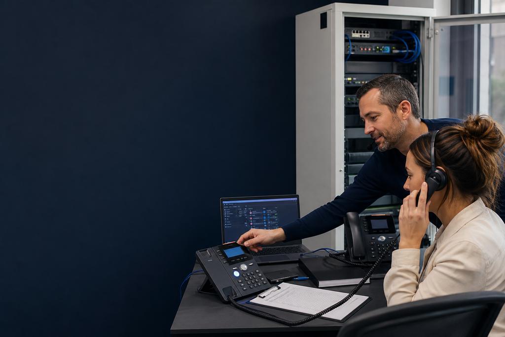 Illustratieve telefoniespecialist en medewerker die verouderde telefonie naast de vernieuwde route met toestellen en testgesprekken vergelijken