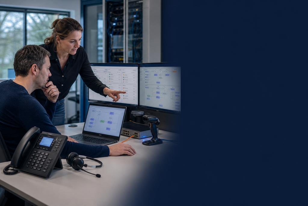 Illustratieve Odoo- en telefoniespecialisten die Microsoft Teams Phone System naast Odoo 19-processen toetsen