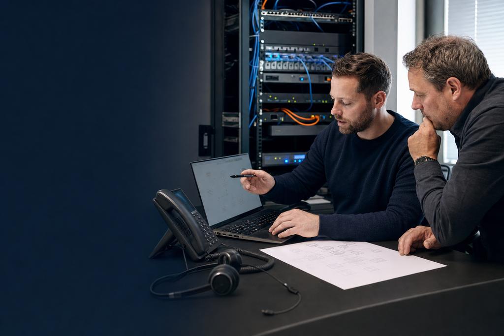 Illustratieve telefoniespecialist en beheerder die verouderde telefonie beoordelen aan de hand van nummerplan, centrale en ondersteuning