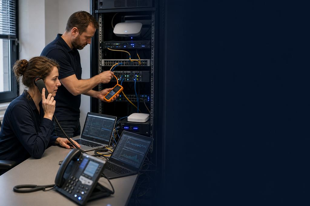 Illustratieve netwerk- en telefoniespecialisten die een verouderde telefonieomgeving en het spraaknetwerk vóór vernieuwing testen