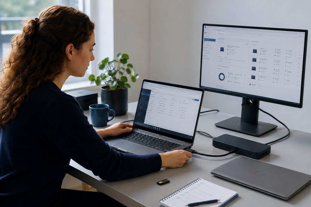 Specialist connects a laptop to a docking station beside a device management screen.