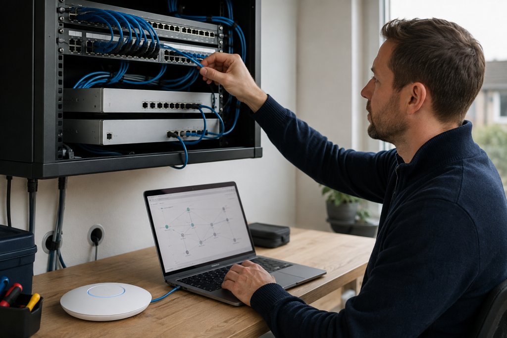 Specialist controleert blauwe netwerkkabels in een rack, met een laptop en een wit accesspoint op de werkbank.
