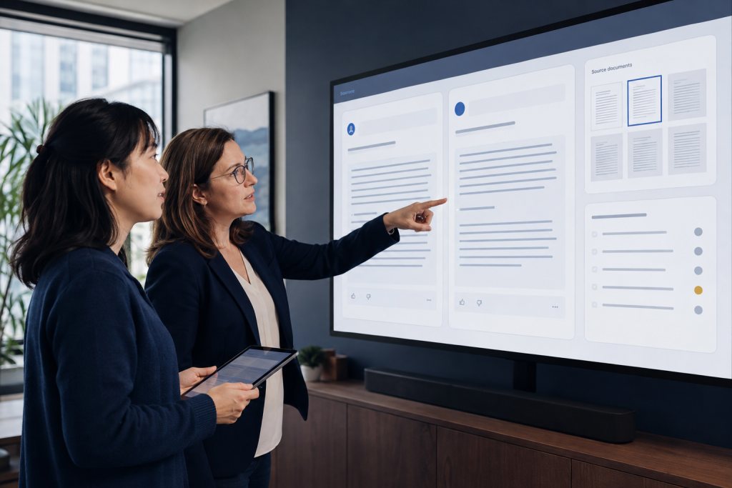 Engineer and reviewer compare AI responses with source documents and a checklist.