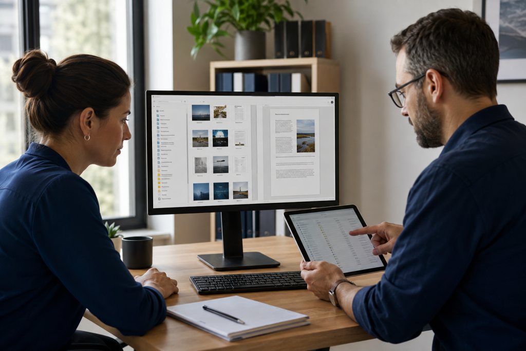 Medewerker controleert herstelde documenten terwijl een ICT-specialist de bestandslijst vergelijkt.