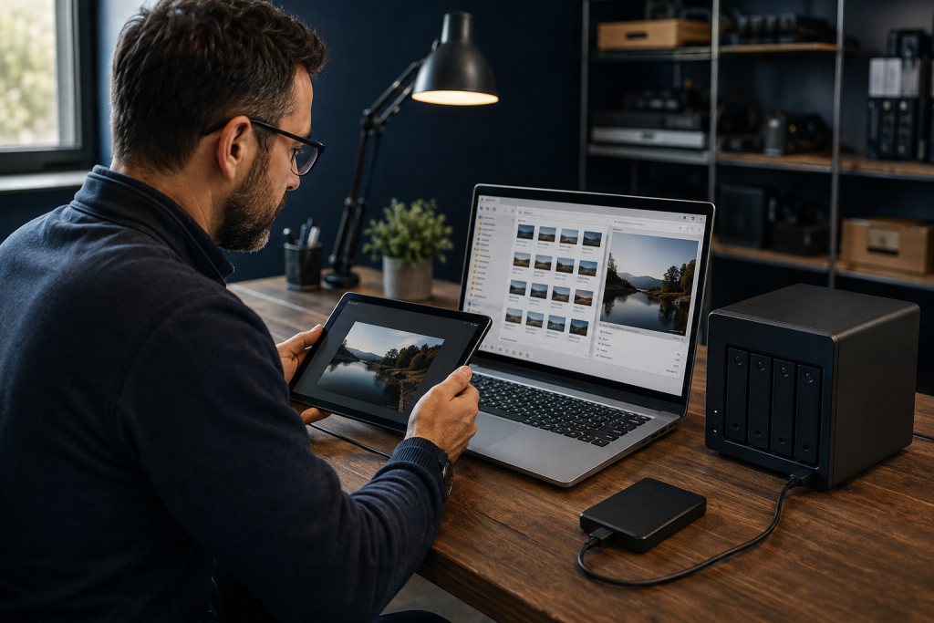 Specialist vergelijkt herstelde bestanden op een laptop met een tablet naast een back-upapparaat.