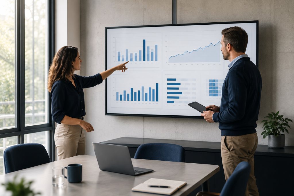 Manager en analist bespreken een dashboard met grafieken en wijzen naar een afwijking.
