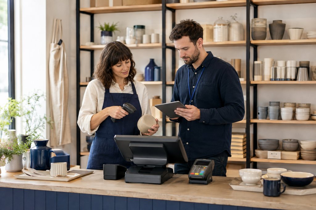 Shop employee scans a product at the checkout while a specialist checks stock on a tablet.