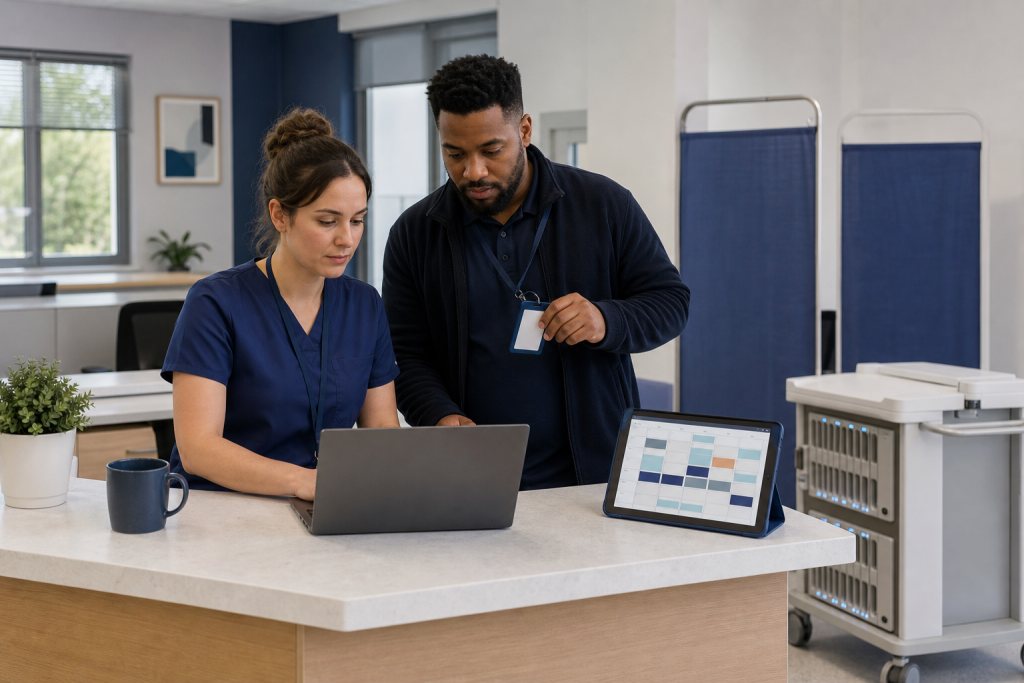 Zorgcoördinator en ICT-specialist testen een gedeelde werkplek en een tablet bij een zorgbalie.