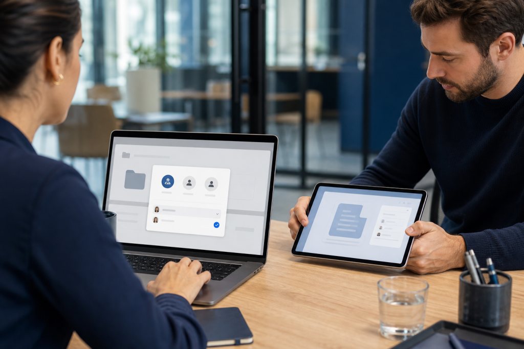 Colleagues test folder sharing and access to a document on two devices.