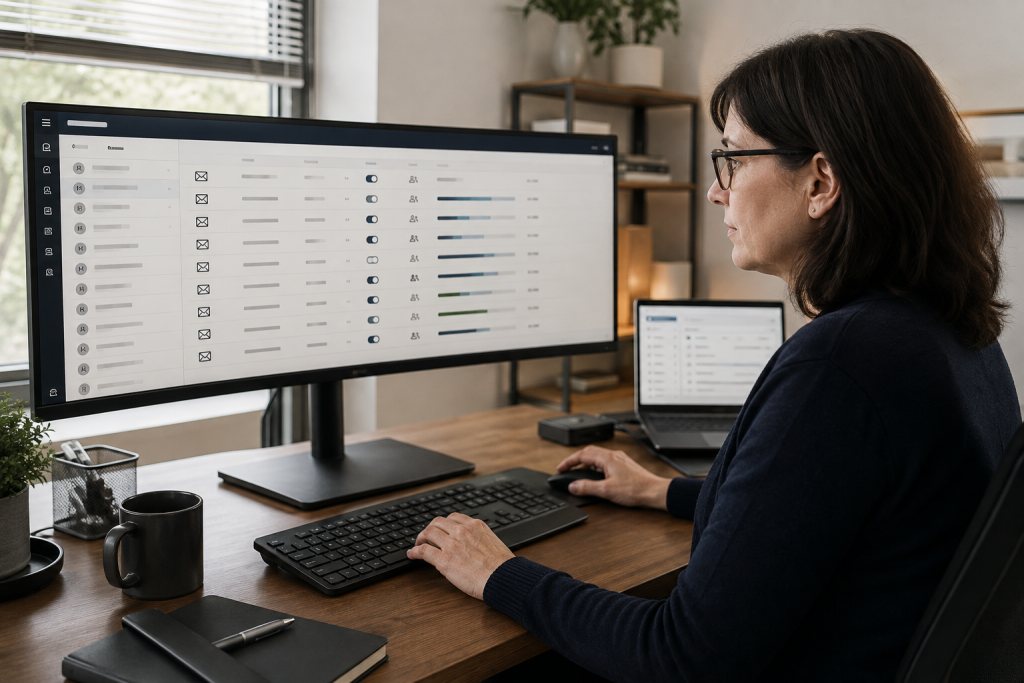 Administrator checks an email management environment with mailboxes and access settings.