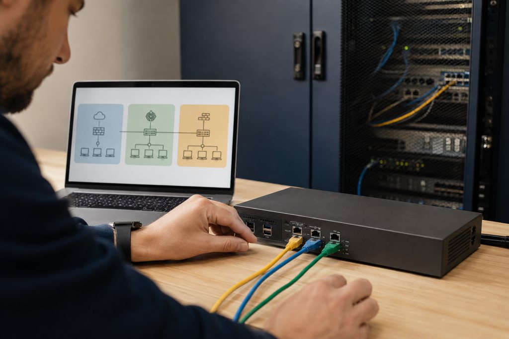 Specialist sluit netwerkkabels aan op een firewall naast een laptop met gescheiden netwerkzones.