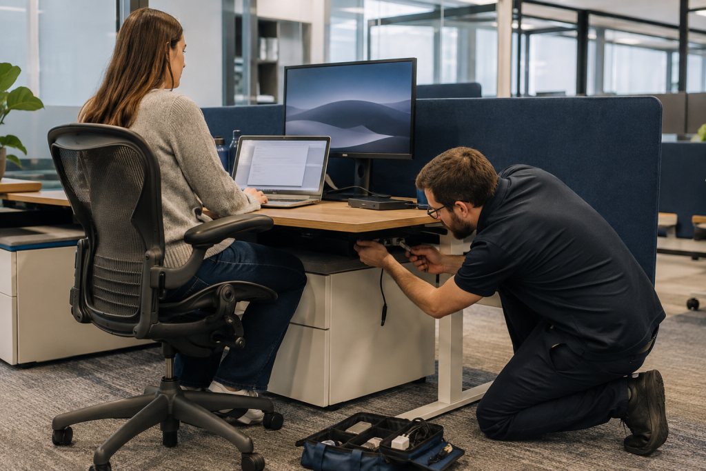 IT technician checks cables at a workstation while the user tests the screen.