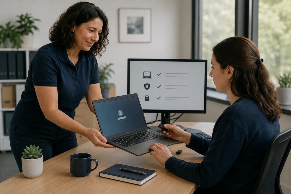 Employee tests a configured laptop with a security key during a handover.