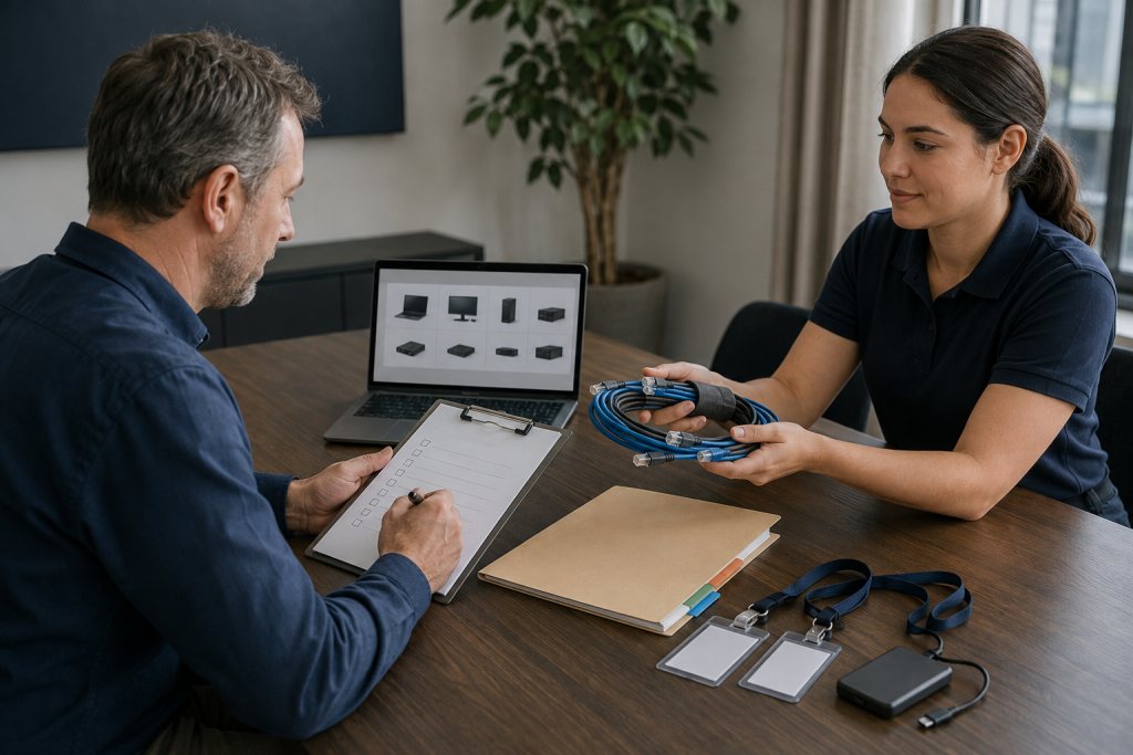 Ondernemer en ICT-specialist bekijken een apparatenoverzicht en overdrachtsmateriaal aan tafel.