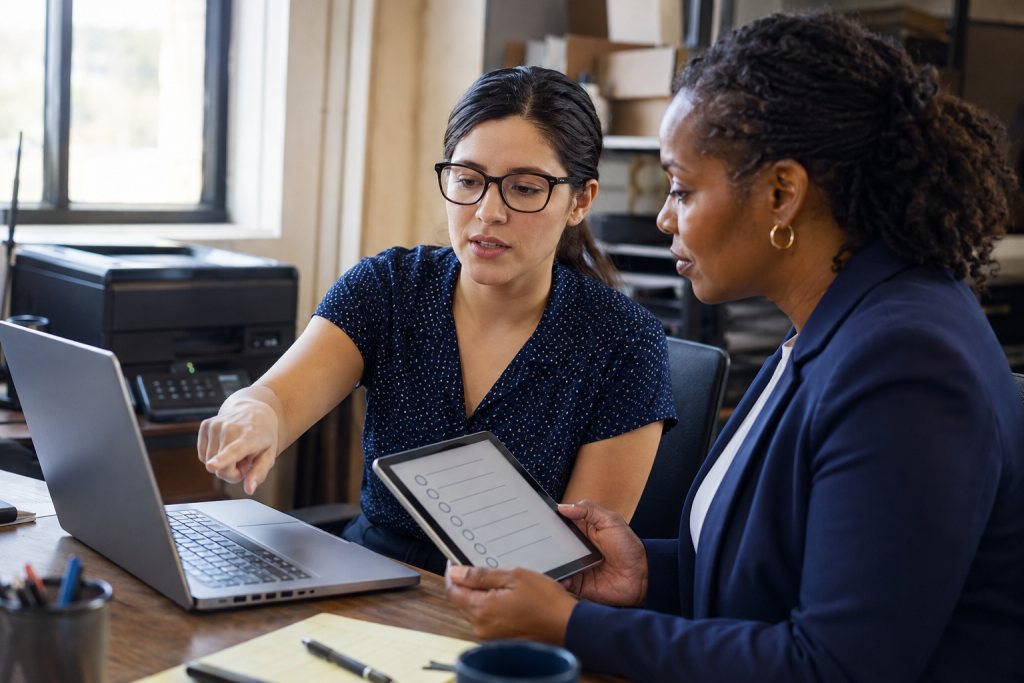 Medewerker bespreekt een laptopprobleem met een adviseur die een vragenlijst op een tablet gebruikt.