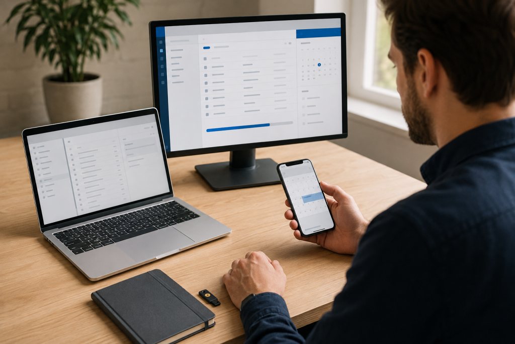 Specialist vergelijkt mailboxen op twee schermen en een agenda op een telefoon.