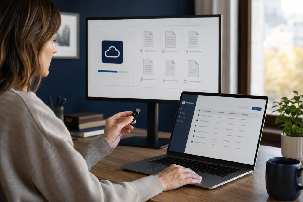 Administrator checks access with a security key; a file recovery view is shown on the second screen.