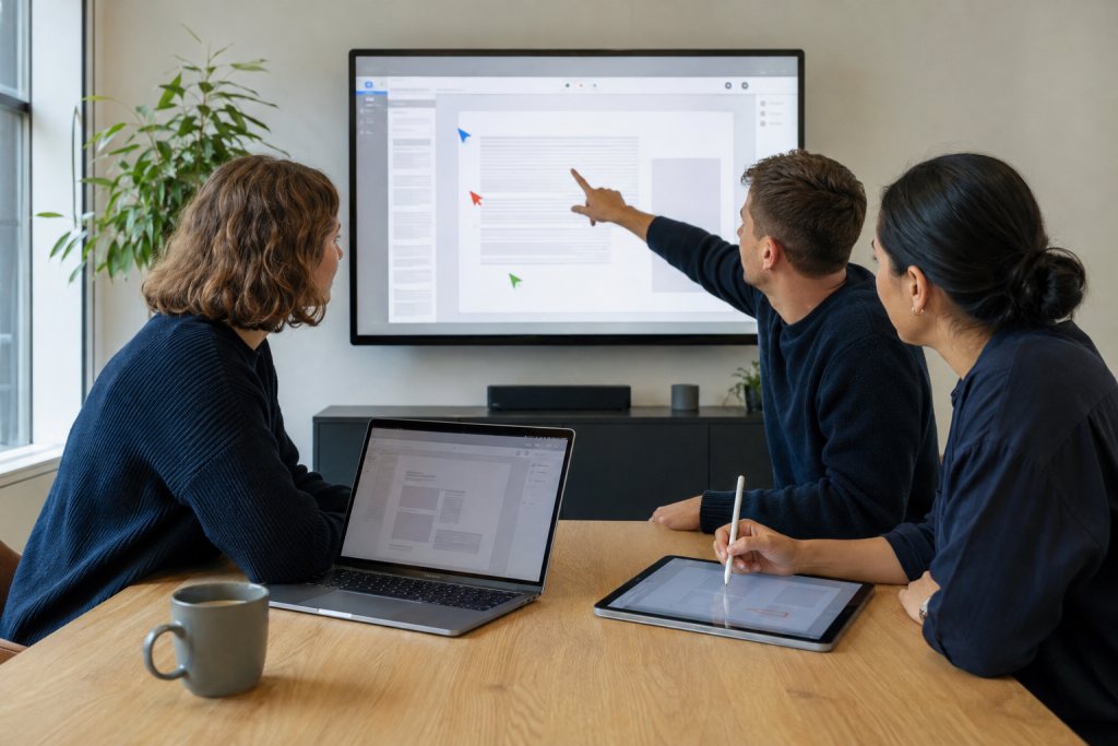 Collega’s werken aan hetzelfde document op een groot scherm, laptop en tablet.