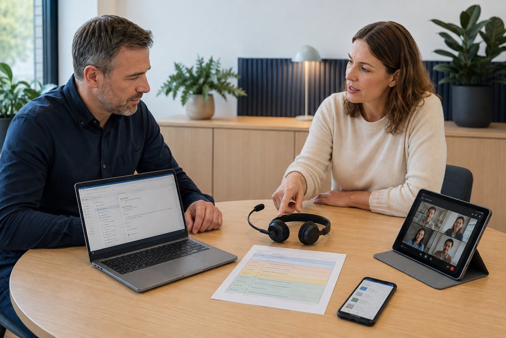 Adviseur en manager vergelijken werkmiddelen voor e-mail, documenten en online overleg.