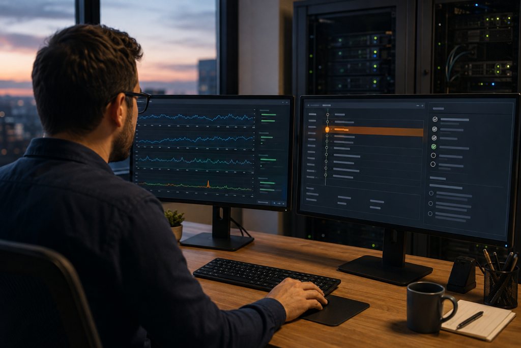 Specialist investigates an alert among charts and a maintenance overview on two screens.