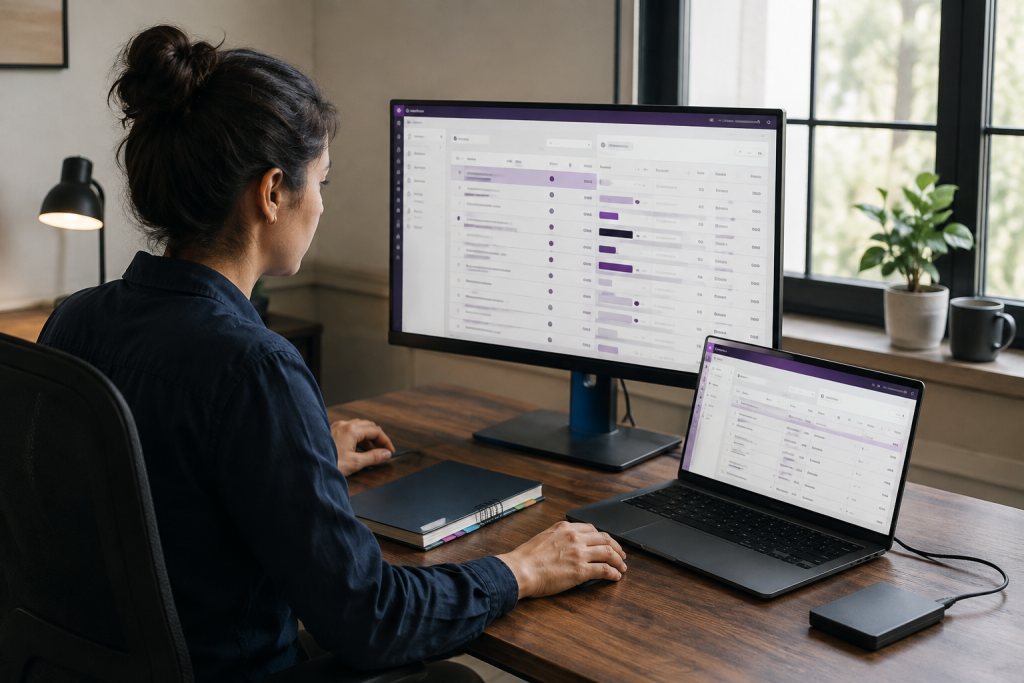 Application administrator compares a software overview on a monitor with a separate session on a laptop.