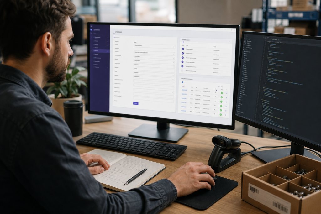 Developer works on an application form and tests, beside code, a scanner and a parts tray.
