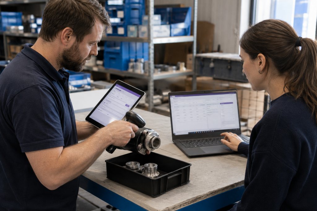 Warehouse employee tests a custom input with a scanner while a tester checks the result.