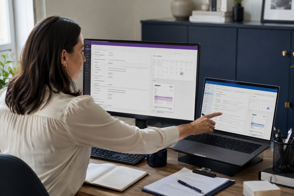 Employee compares an order in a business application with email and documents on a laptop.