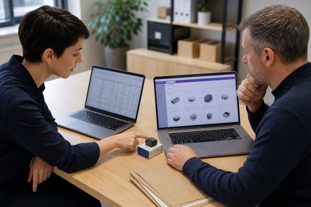 Twee specialisten vergelijken productgegevens op twee laptops met een verpakt onderdeel op tafel.
