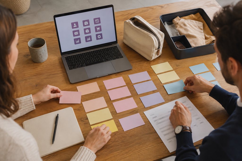 Twee professionals bepalen processen en softwaremodules met kaarten, een laptop en een voorbeeldproduct.