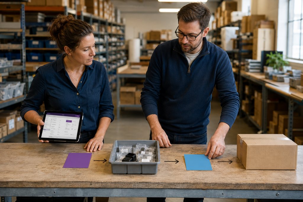 Two professionals review an order process with a tablet, parts tray and shipping box on a workbench.