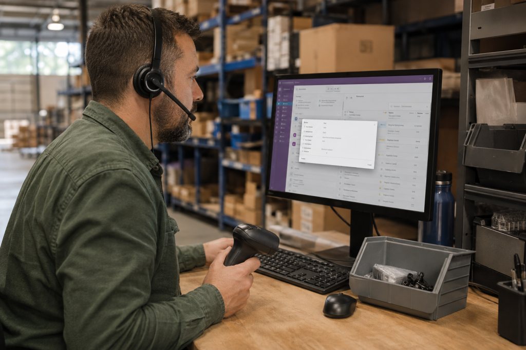 Employee wearing a headset checks an order on a screen beside a scanner and parts tray.