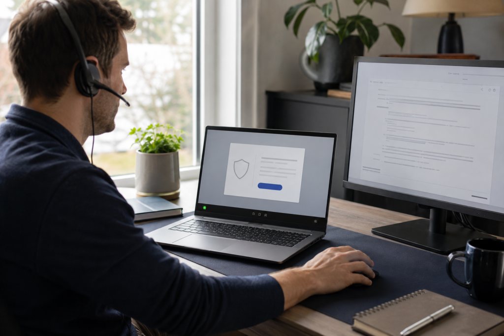 Medewerker start een supportsessie op een laptop en overlegt via een headset.