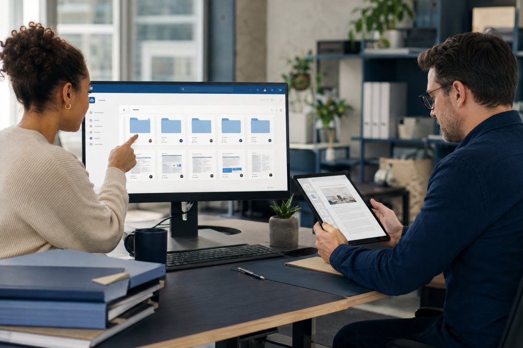 Colleagues view a digital document library on a monitor and a document on a tablet.