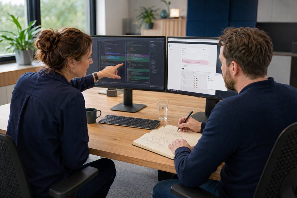 Softwareconsultant en ontwikkelaar bespreken code, een applicatieformulier en een architectuurschets.