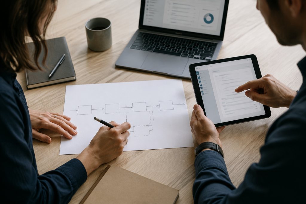 Gebruiker en softwareadviseur vergelijken een processchets met een bestaande applicatie op een tablet.
