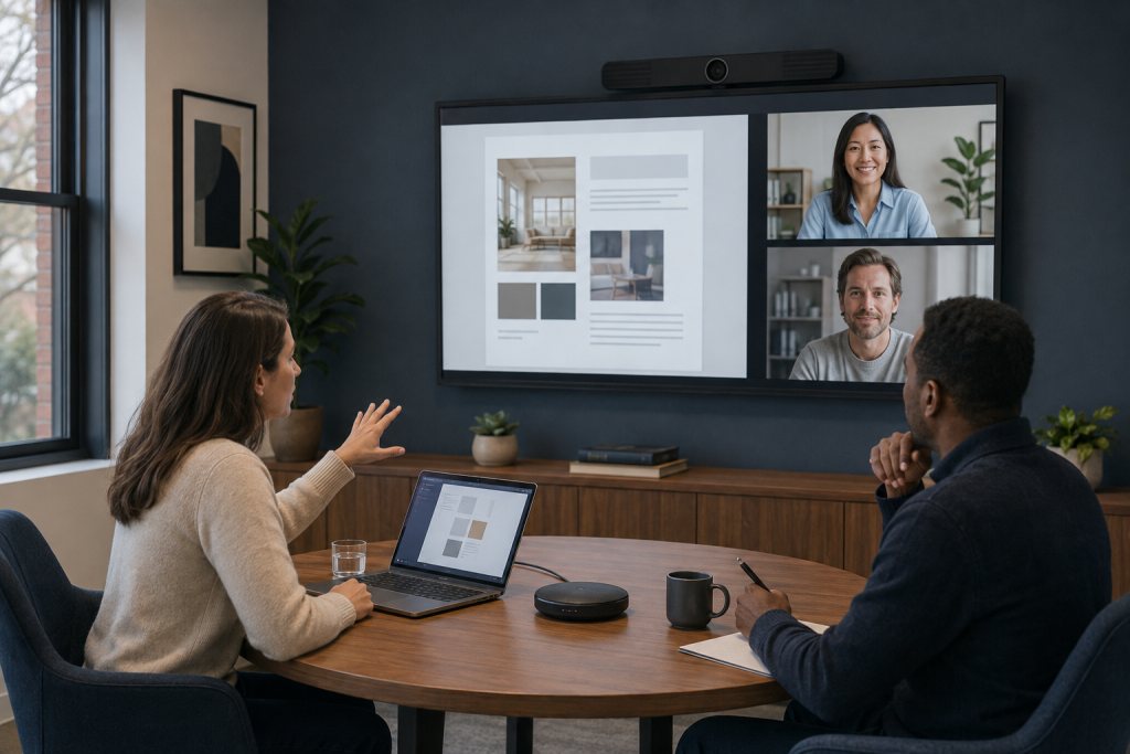 Two colleagues meet at a table with participants on a video display and a shared document.