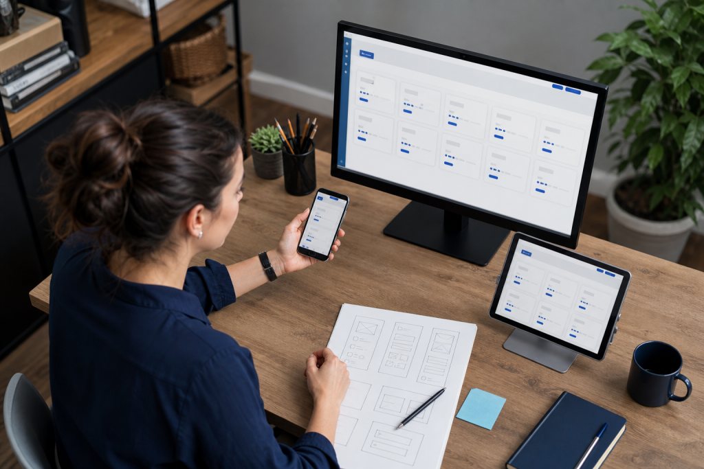 Ontwikkelaar vergelijkt een klantenportaal op een monitor, tablet en telefoon.