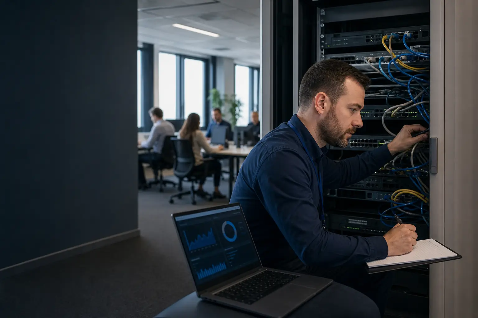 ICT-specialist onderzoekt een storing bij zakelijke netwerkapparatuur
