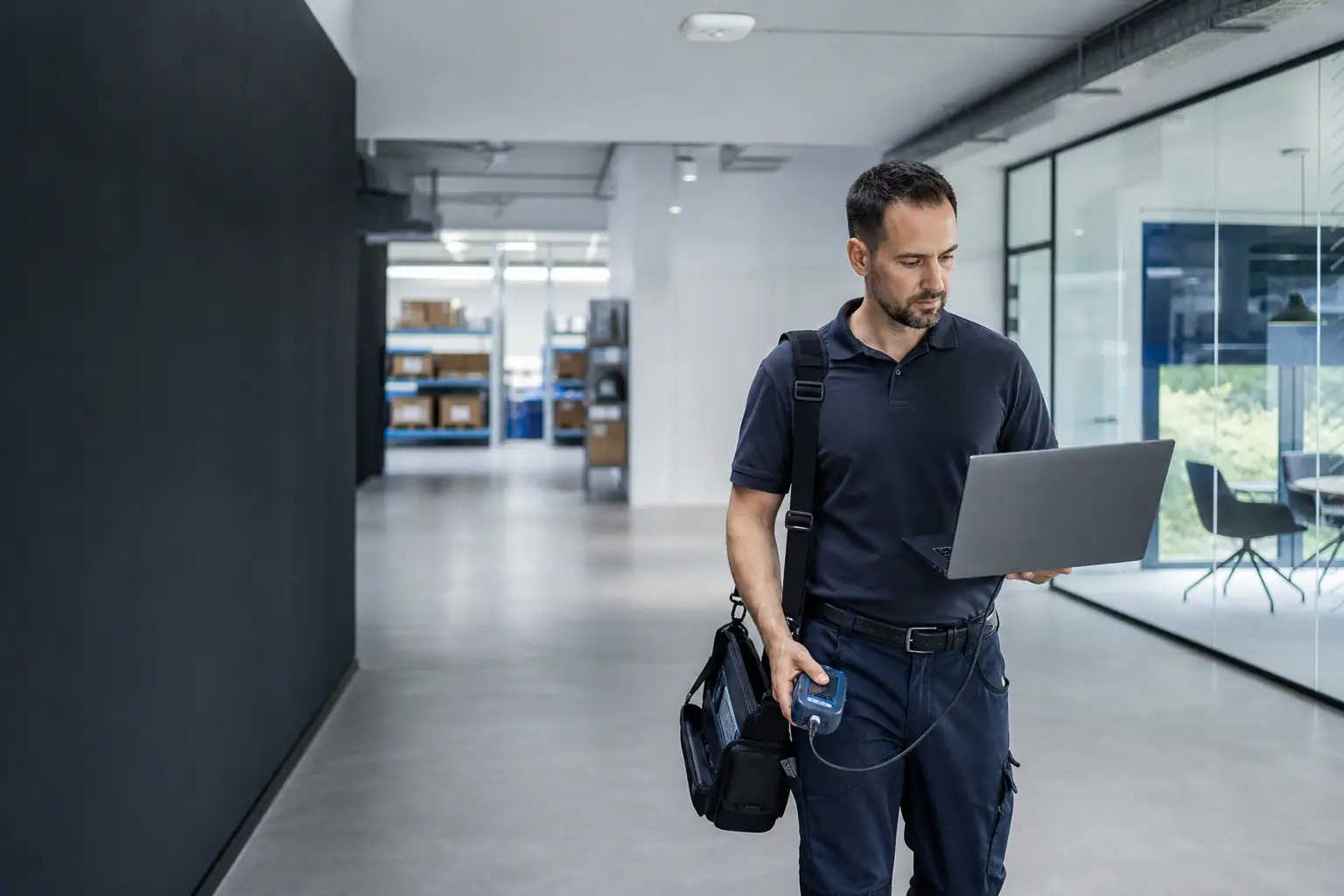 Netwerkengineer voert een zakelijke WiFi-meting uit in een werkomgeving